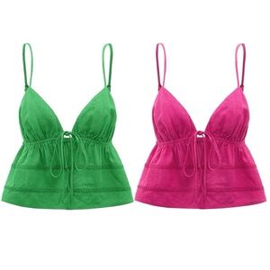 NWT Set of 2 Tie Front Peplum Baby Doll Tank Tops in Green and Pink Linen Blend